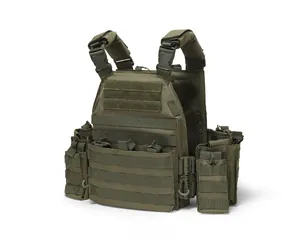 Side view of olive green tactical vest showing MOLLE webbing and quick release buckle