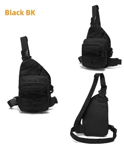 Three-view layout of black tactical chest bag with nylon webbing and breathable mesh