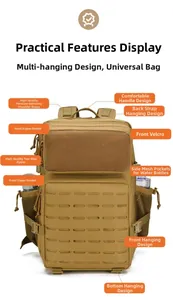 Detail of khaki tactical backpack featuring MOLLE system, velcro patch, and mesh side pockets