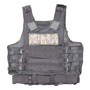 Detail of grey tactical mesh vest with MOLLE system and Tiger Division patch