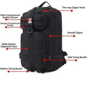 Tactical 3P outdoor backpack in black nylon with MOLLE system and multi-pocket design