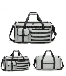 Front and side views of a grey tactical gym bag with MOLLE webbing and durable nylon fabric