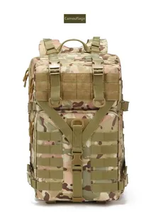 Close-up of military camouflage tactical backpack with MOLLE system and expansion straps