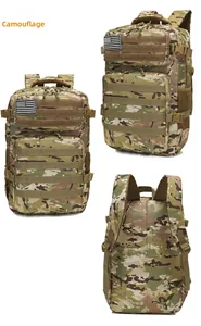 Three angles of MC camouflage tactical backpack featuring MOLLE system and USA flag patch
