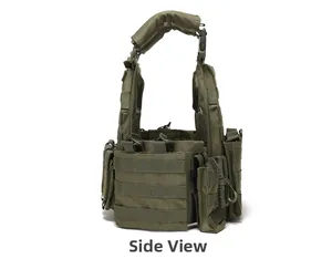 Side view of olive green tactical vest showing MOLLE webbing and side adjustment buckles