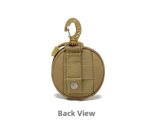 Back view of khaki tactical nylon mini pouch showing MOLLE straps and snap button