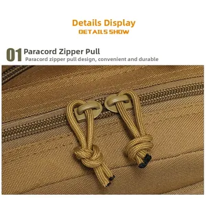 Detail shot of heavy-duty nylon tactical bag featuring a durable paracord zipper pull