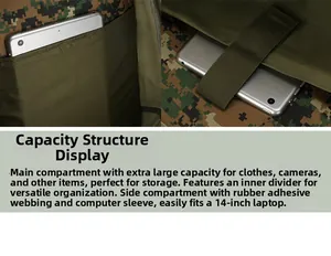 Tactical backpack interior showing a 14-inch laptop compartment with digital camo pattern
