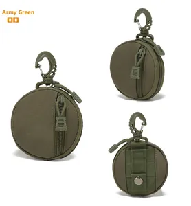 Detail of military green tactical pouch with MOLLE webbing and buckle for outdoor gear