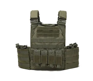Detailed view of the olive green tactical vest showing MOLLE webbing and magazine pouches
