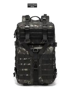 Front view of camouflage gray tactical backpack with MOLLE system and sturdy straps