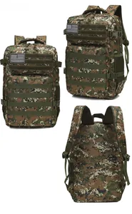 Detailed views of camouflage tactical backpack with MOLLE system and padded straps
