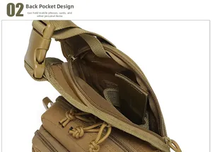 Detail of khaki tactical bag rear pocket showing internal phone and card slots