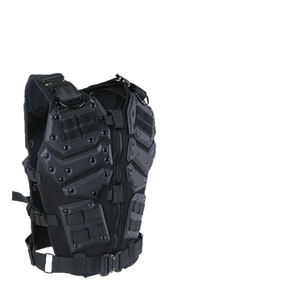 Front view of black tactical vest with adjustable straps and protective plates
