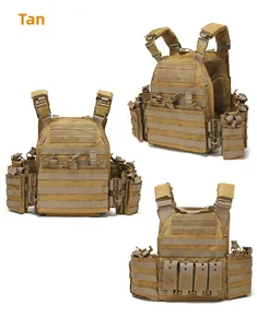 Macro detail of the tan tactical MOLLE vest with adjustable shoulder straps and mag pouches