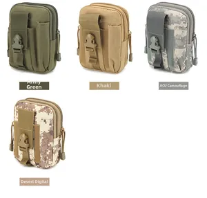 Tactical nylon waist pouch showing dual zipper pockets and MOLLE straps in four colors