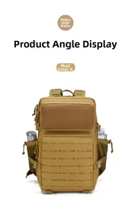 Tactical khaki backpack featuring laser-cut MOLLE system and side mesh bottle pocket