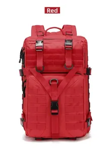 Detailed front view of red large capacity tactical backpack with MOLLE webbing and straps