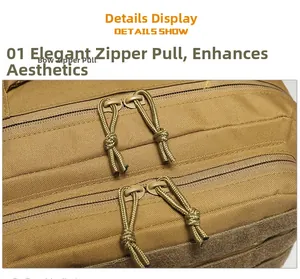 Detail of durable tactical backpack featuring heavy-duty dual zippers with paracord pullers