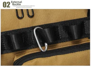 Detail of khaki tactical bag showing black MOLLE system and silver D-ring metal buckle