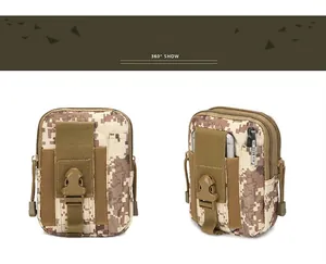 Detail view of desert digital camo tactical waist pouch with buckle and pen holder