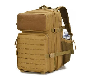 Tactical outdoor backpack detail featuring laser-cut MOLLE webbing and side mesh pocket