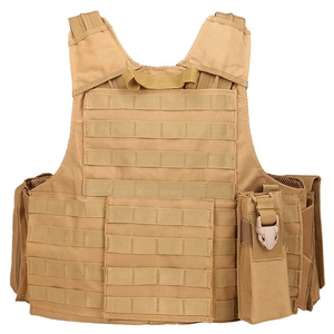Tactical vest in coyote brown with MOLLE webbing and utility pouch on white background