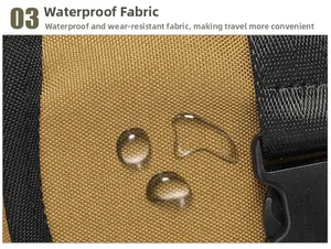 Close-up of khaki waterproof nylon fabric and durable plastic buckle on tactical bag