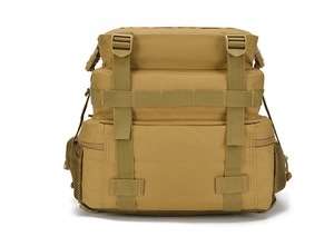 Close-up of tactical khaki backpack featuring MOLLE webbing system and breathable mesh side pockets