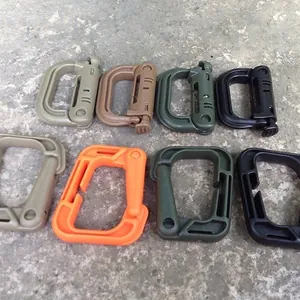 Tactical D-ring carabiners for outdoor MOLLE backpacks in khaki, olive, and black colors