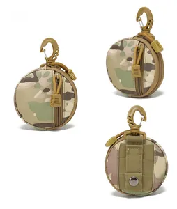 Detailed views of camouflage tactical coin pouch with MOLLE straps and carbine hook