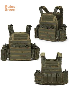 Three-view layout of ruins camo tactical vest featuring MOLLE webbing and magazine pouches