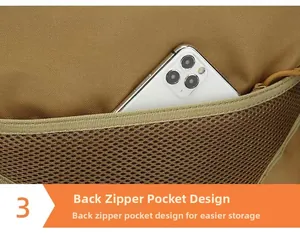 Detail of the tactical backpack mesh back pocket for smartphone storage and accessories