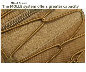 Close-up of tactical chest bag showing MOLLE webbing system and bungee cord details