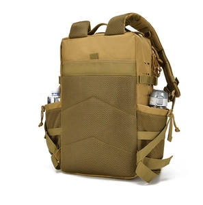 Detail view of khaki tactical backpack featuring breathable mesh back and side mesh bottle pocket