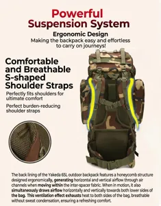Detailansicht eines 65L Outdoor-Rucksacks mit ergonomischen S-Gurten und Waben-Rückensystem