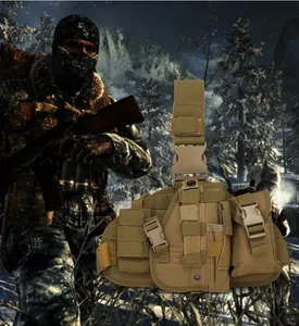 Tactical leg holster detail with Molle attachment pouches in coyote brown nylon
