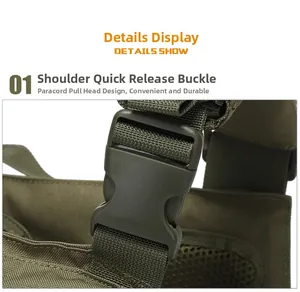 Macro detail of military green quick-release shoulder buckle on tactical vest