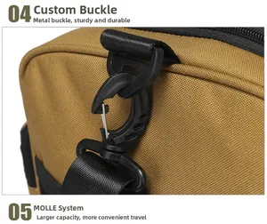 Detail view of khaki tactical fitness bag with metal buckle and MOLLE webbing system