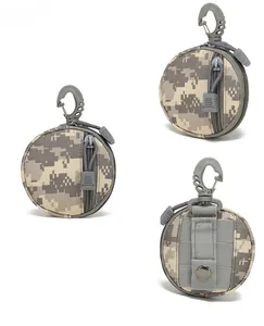 Detailed view of round ACU camo tactical coin pouch with MOLLE strap and D-ring hook