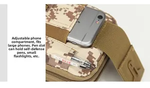 Detail view of desert camo tactical pouch with adjustable phone slot and side pen holder