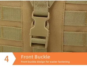Close-up of tactical backpack buckle and MOLLE webbing system for outdoor gear attachment
