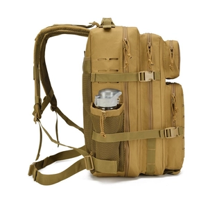 Tactical backpack side view showing MOLLE system and mesh pocket with a water bottle