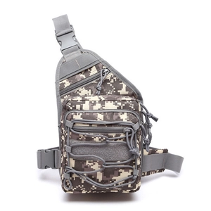 Detail view of digital camouflage tactical chest bag with multi-pocket system and bungee cords