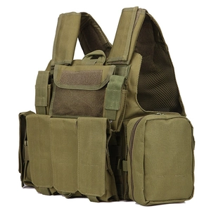 Army green tactical vest side view showing durable canvas and MOLLE attachment system