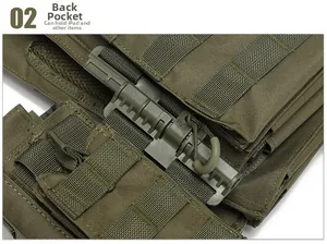 Tactical vest back pocket detail with Molle webbing for iPad storage and quick release buckle