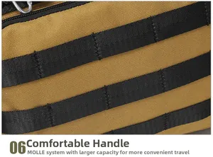 Detailed close-up of khaki tactical bag with MOLLE webbing system and durable fabric