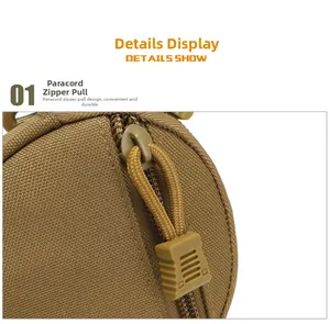 Close-up detail of khaki tactical pouch with durable paracord zipper pull attachment
