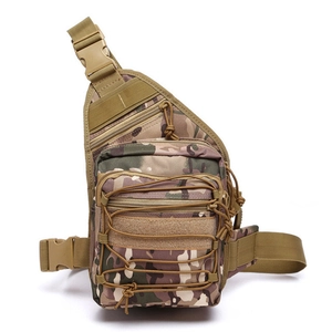 Front view of camouflage tactical chest bag featuring elastic cords and zip compartments