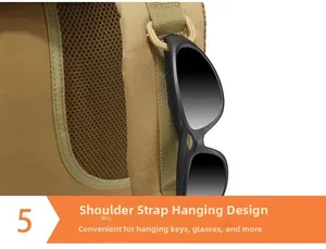 Detail of khaki tactical backpack shoulder strap with D-ring for hanging sunglasses